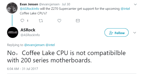 coffee lake не поддерживается Z270 Z170